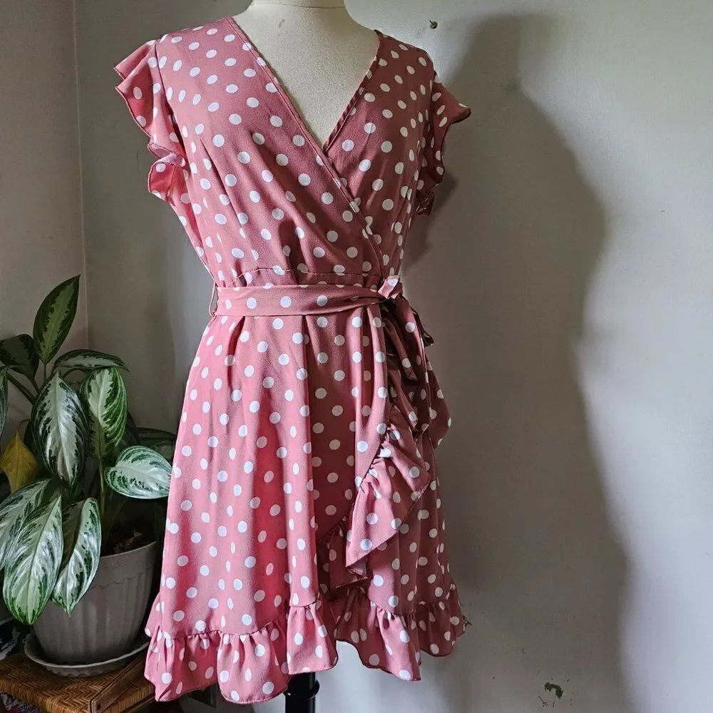 LIKE NEW SHEIN PINK WHITE POLKA DOT WRAP DRESS BELTED SIZE L